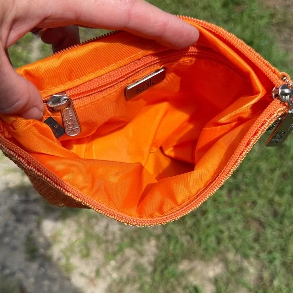 The Sak Bright Orange woven crochet Clutch case cosmetic makeup bag boho purse - Picture 9 of 9